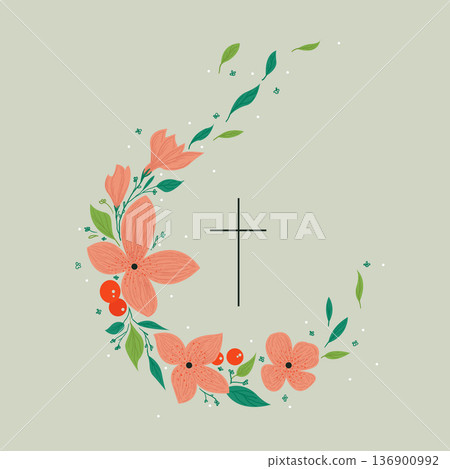 Vector drawing, Christian cross with flowers. Religious symbol, Easter holiday. Coloring book 136900992