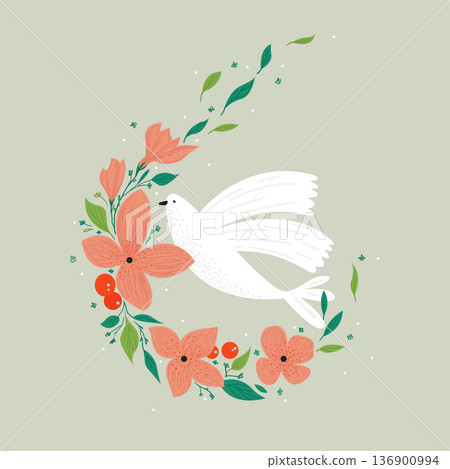 Vector drawing, Christian cross with flowers. Religious symbol, Easter holiday. Coloring book 136900994