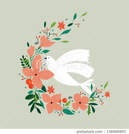 Vector drawing, Christian cross with flowers. Religious symbol, Easter holiday. Coloring book 136900995