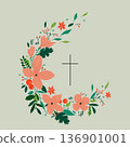 Vector drawing, Christian cross with flowers. Religious symbol, Easter holiday. Coloring book 136901001