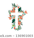 Christian cross. Vector drawing, Christian cross with flowers. Religious symbol, Easter holiday. Coloring book 136901003