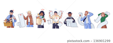 Stressed and emotional people holding giant unpaid bills, invoices and grocery receipts isolated set 136901299