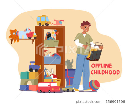 Happy boy kid choosing offline childhood and traditional toys over digital gadgets cartoon scene Happy boy kid choosing offline childhood and traditional toys over digital gadgets cartoon scene 136901306