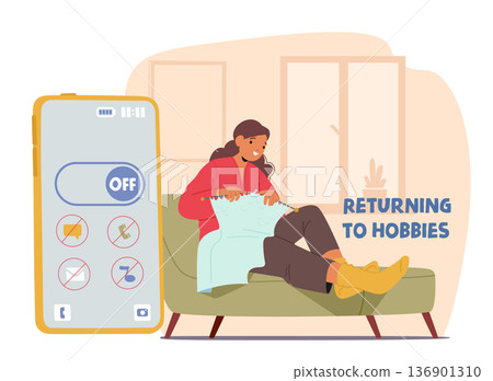Woman returning to hobbies enjoying digital detox and choice of conscious use of technology 136901310