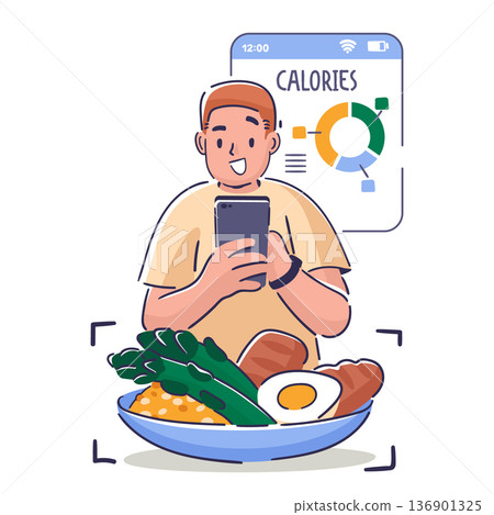 Man hand drawn character using smartphone app to count calories and manage his healthy diet 136901325
