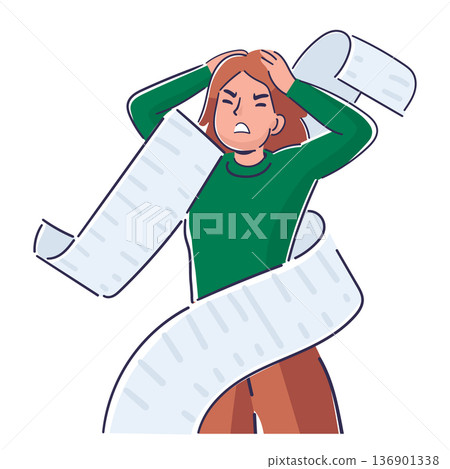 Female character completely overwhelmed and enraged by excessively long financial bill or receipt Female character completely overwhelmed and enraged by excessively long financial bill or receipt 136901338