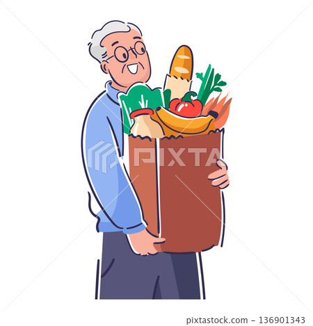 Senior man hand drawn character carrying grocery shopping bag isolated on white background Senior man hand drawn character carrying grocery shopping bag isolated on white background 136901343