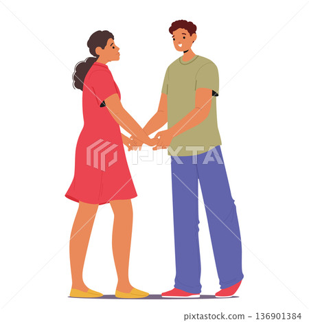 Happy couple cartoon characters holding hands together expressing connection isolated on white Happy couple cartoon characters holding hands together expressing connection isolated on white 136901384