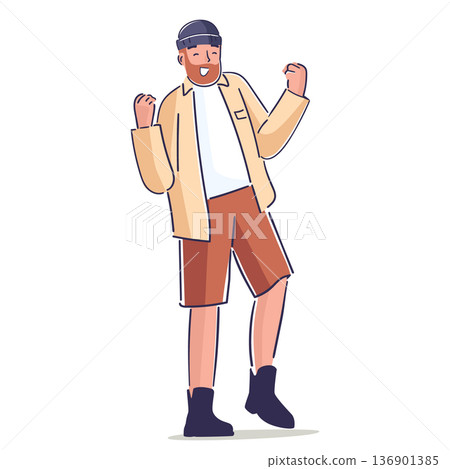 Self-confident happy smiling trendy hipster man hand drawn character celebrating personal success Self-confident happy smiling trendy hipster man hand drawn character celebrating personal success 136901385