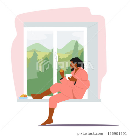Relaxed woman character sitting on windowsill with cup of coffee and pastry greeting morning 136901391