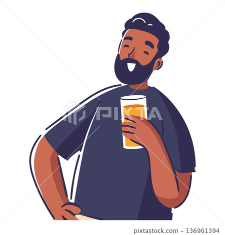 Happy healthy man hand drawn character drinking fresh organic orange juice isolated on white Happy healthy man hand drawn character drinking fresh organic orange juice isolated on white 136901394