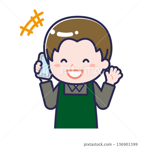 一名男性「餐廳服務生」正在使用智慧型手機 136901399