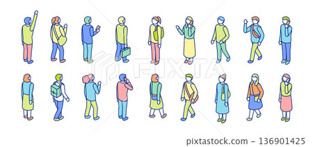 等距視角人物插畫集。行走、問候、呼喊、停下、線條繪製的人物。 等距視角人物插畫集。行走、問候、呼喊、停下、線條繪製的人物。 136901425