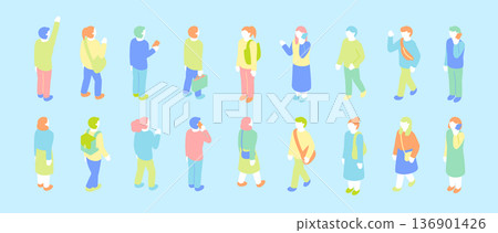 Isometric people illustration set. Characters walking, greeting, calling, stopping. Isometric people illustration set. Characters walking, greeting, calling, stopping. 136901426