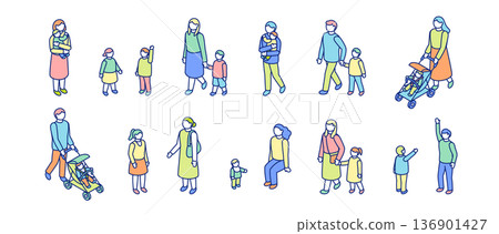 等距視角人物插畫集。父親和母親撫養孩子。父母和孩子手牽手散步。父母和孩子 136901427