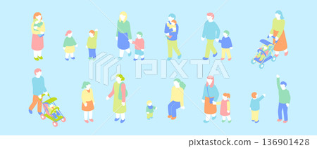 等距視角人物插畫集。父親和母親撫養孩子。父母和孩子手牽手散步。父母和孩子 136901428