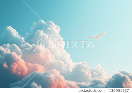 Tranquil Vista of Fluffy Cumulus Clouds with Soft Pastel Hues and a White Bird in Dreamy Sky 136901987