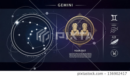 Celestial Infographic Panel Design with Gemini Zodiac Sign and Antique Gold Twins Medallion Celestial Infographic Panel Design with Gemini Zodiac Sign and Antique Gold Twins Medallion 136902417