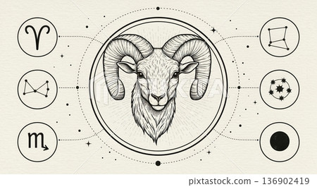 Stunning Aries Zodiac Sign Artwork with Constellation, Element, and Planetary Chart Design Elements 136902419