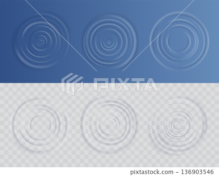 Water ripple effect top view set. Realistic caustic drop or sound wave splash effects, concentric circles in puddle. Vector set round wave surfaces on transparent background 136903546