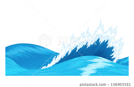 Ocean waves, splash water, marine sea storm element. Blue sea or ocean wave with spray, foam on crest. Vector illustration 136903581