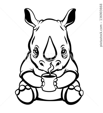 sleepy cute rhinoceros illustration, Chubby baby rhino sitting peacefully with beverage in hand, Whimsical baby rhinoceros sketch featuring cozy posture and delightful facial expression 136903668