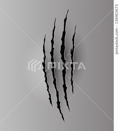 Bear or tiger claw mark. Scratches and torn traces of vector animal paw slashes. Hole in sheet of paper with torn edges. Vector illustration Bear or tiger claw mark. Scratches and torn traces of vector animal paw slashes. Hole in sheet of paper with torn edges. Vector illustration 136903673