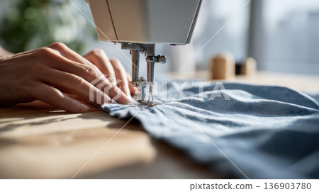 Woman's hands operating a sewing machine Woman's hands operating a sewing machine 136903780