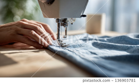 女人的手正在操作縫紉機 136903781