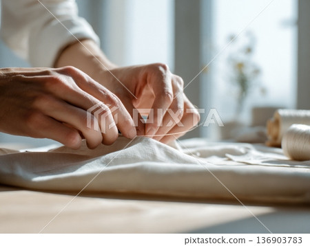 在溫暖的陽光下,一位婦女的雙手正在縫紉 在溫暖的陽光下,一位婦女的雙手正在縫紉 136903783