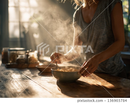 Photo of a woman mixing hot cereal in the morning light Photo of a woman mixing hot cereal in the morning light 136903784
