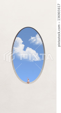 Serene poster. Woman meditating inside oval sky window. Serene poster. Woman meditating inside oval sky window. 136903817