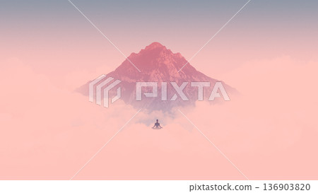 Ethereal composition. Meditating figure floating before mountain above clouds. 136903820