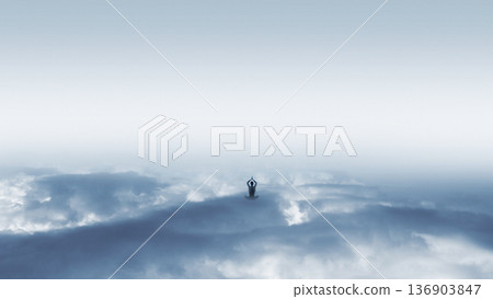 Atmospheric artwork. Silhouette meditating above soft cloud landscape. Atmospheric artwork. Silhouette meditating above soft cloud landscape. 136903847