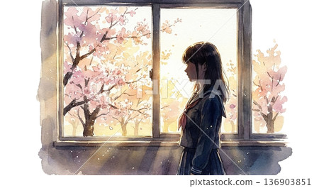 一個孩子從教室窗戶望著櫻花的側臉照。 136903851