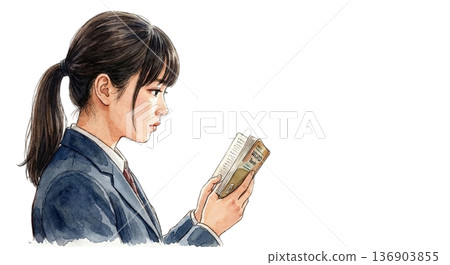 A serious profile of a student looking at a vocabulary book while commuting to school by train 136903855