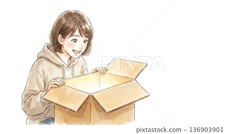 打開紙箱，興奮地往裡面看。 136903901