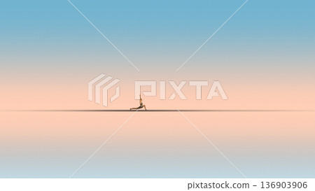 Minimal composition. Woman practicing yoga lunge on endless pastel horizon. Minimal composition. Woman practicing yoga lunge on endless pastel horizon. 136903906