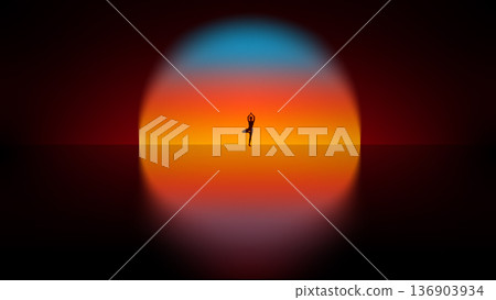 Vibrant poster. Silhouette in tree pose against glowing sunset circle. 136903934