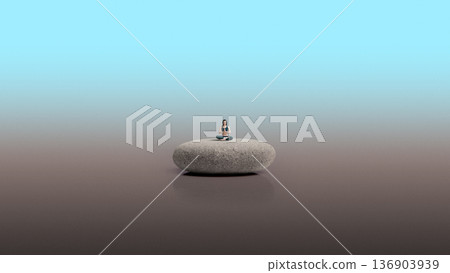 Surreal composition. Woman meditating on stone in vast minimal landscape. Surreal composition. Woman meditating on stone in vast minimal landscape. 136903939