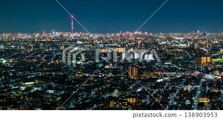 Aerial photography of Tokyo: A drone captures the Tokyo night view from above the Edogawa River 136903953