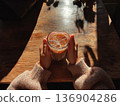 Photo of a person holding an iced latte in a cafe with sunlight filtering through the trees 136904286