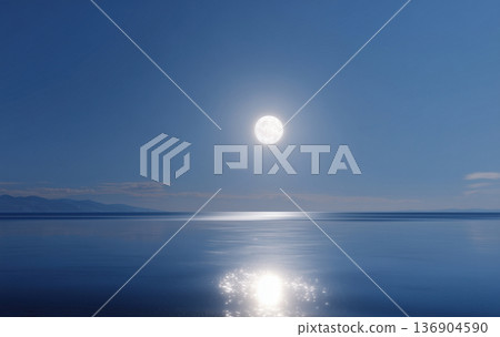 Full moon over the sea at night with reflection in water, mountains are visible on the distant shore Full moon over the sea at night with reflection in water, mountains are visible on the distant shore 136904590
