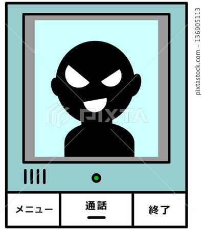 Illustration of a suspicious salesman or suspicious person appearing on a residential intercom Illustration of a suspicious salesman or suspicious person appearing on a residential intercom 136905113