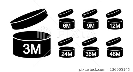 Set of PAO icons. Period after opening symbols. Jars with open lids and months numbers. Product freshness time. Cosmetic validity labels isolated on white background. Vector graphic illustration 136905145