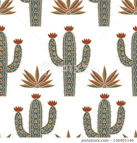 Doodle patterned cactus and blue agaves seamless background. Cacti with ornament vector illustration. 136905146