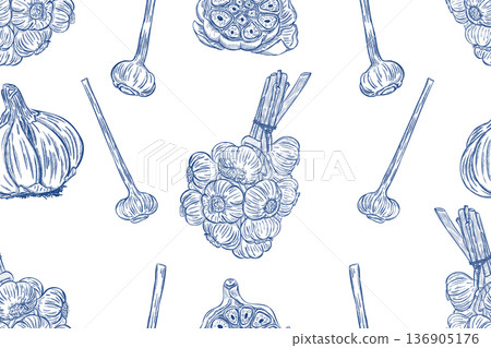 Garlic seamless pattern with botanical bulbs and vintage engraving illustration 136905176