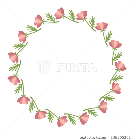 Round frame with red flowers. Spring and summer wreath with delicate flowers. Green plant motif is perfect for cards and prints. 136905201