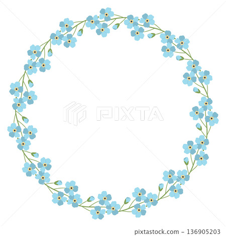 Round frame with blue forget-me-nots. Spring and summer wreath with delicate flowers. Green plant motif is perfect for cards and prints. Round frame with blue forget-me-nots. Spring and summer wreath with delicate flowers. Green plant motif is perfect for cards and prints. 136905203