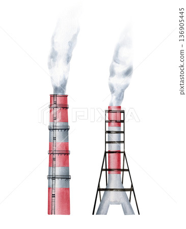 Industrial Air Pollution Watercolor Factory Pipes and Toxic Smoke Isolated. 136905445